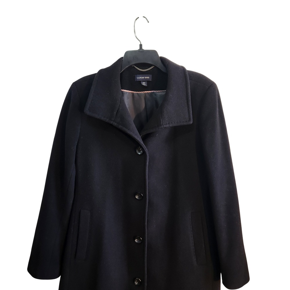 Lands End Womens 16P Black Wool Cashmere Blend Button Front Car Coat Jacket‎